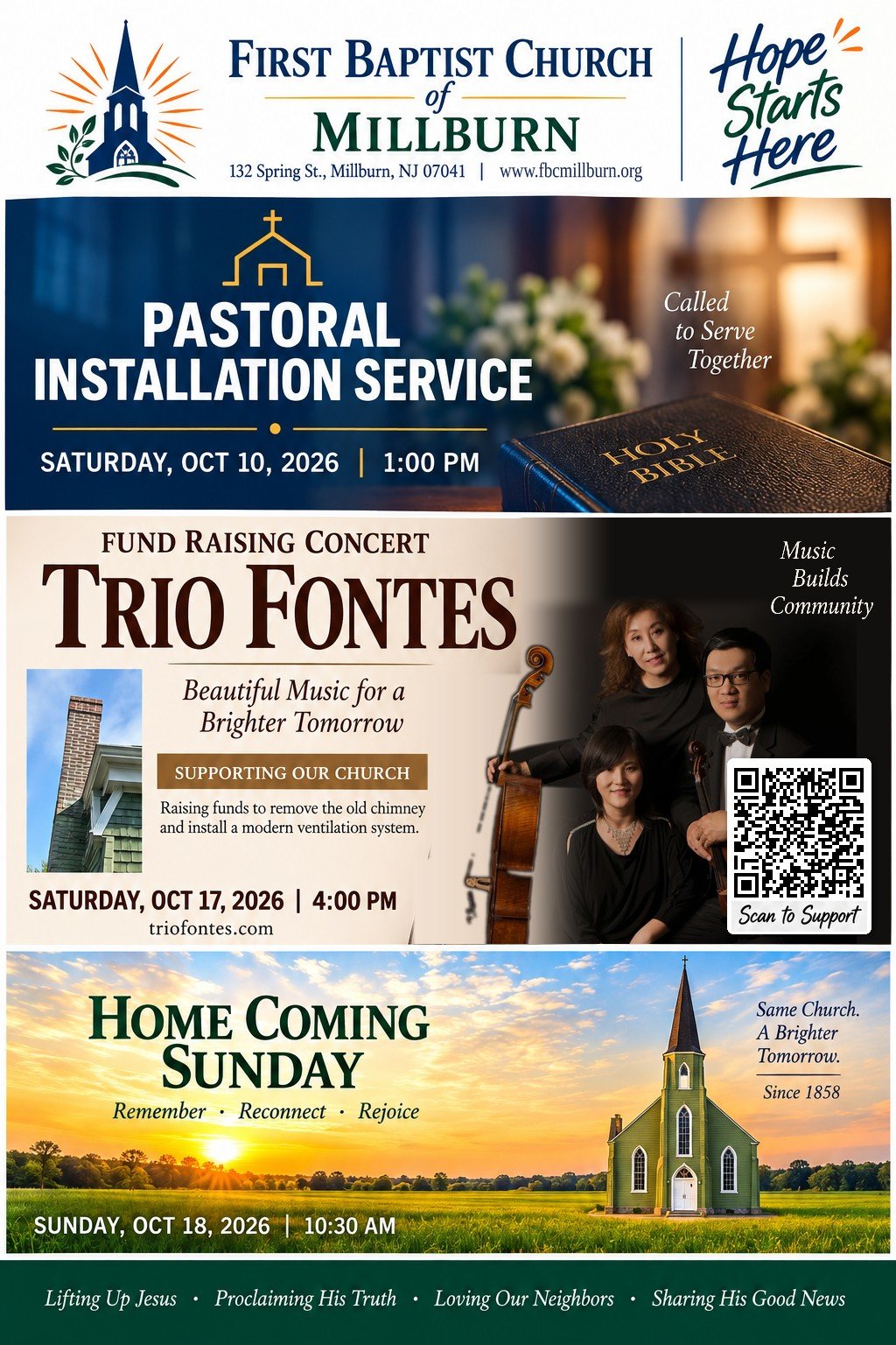 October 2026 events at First Baptist Church of Millburn: pastoral installation October 10 at 1 PM, Trio Fontes charity concert October 17 at 4 PM, Homecoming Sunday October 18 at 10:30 AM. The concert QR code links to Zeffy tickets.